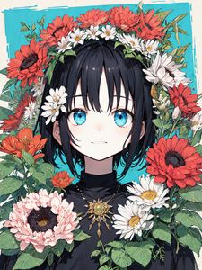 Preview wallpaper girl, flowers, wreath, decoration, anime