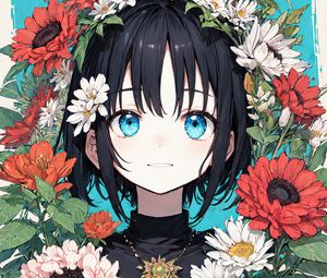 Preview wallpaper girl, flowers, wreath, decoration, anime