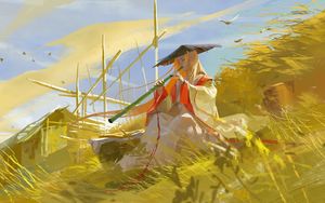 Preview wallpaper girl, flute, grass, art