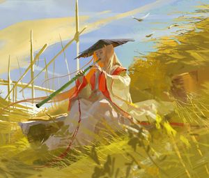 Preview wallpaper girl, flute, grass, art