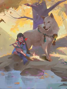 Preview wallpaper girl, flute, wolf, art