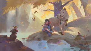 Preview wallpaper girl, flute, wolf, art