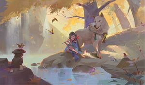 Preview wallpaper girl, flute, wolf, art