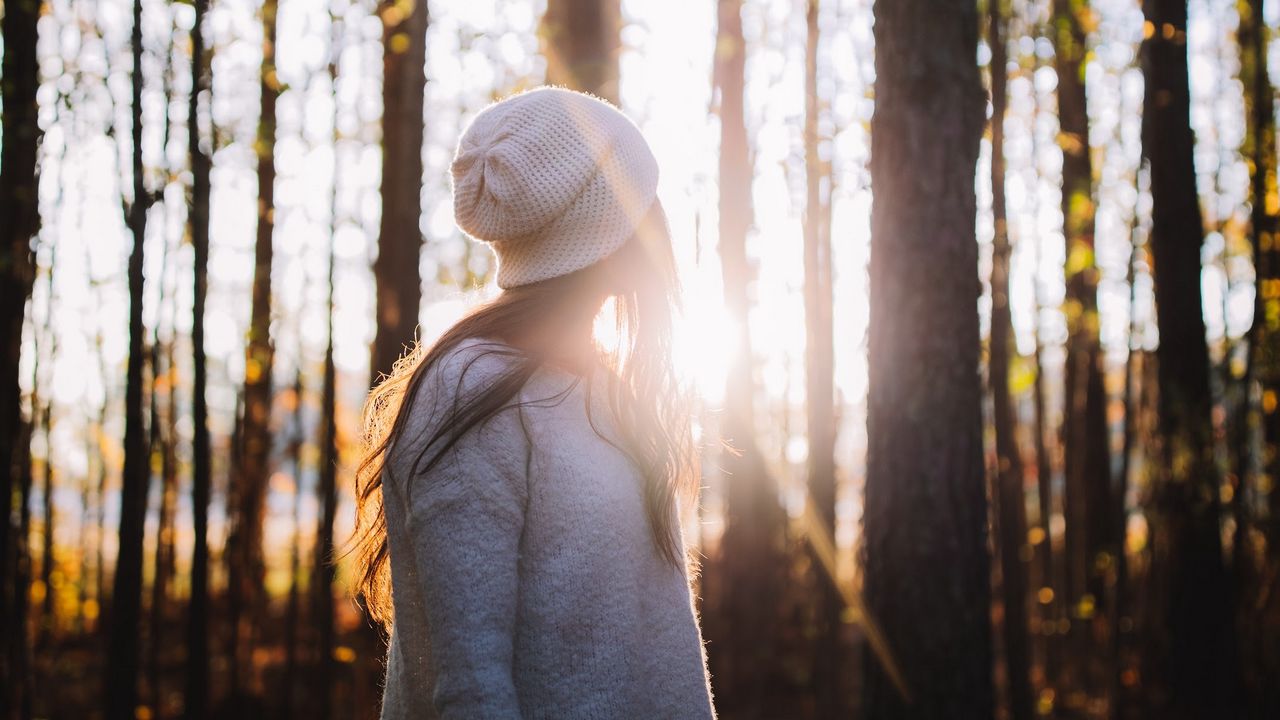 Wallpaper girl, forest, sunlight, trees, glare