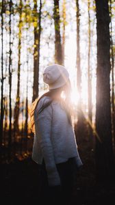 Preview wallpaper girl, forest, sunlight, trees, glare