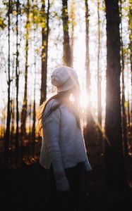 Preview wallpaper girl, forest, sunlight, trees, glare