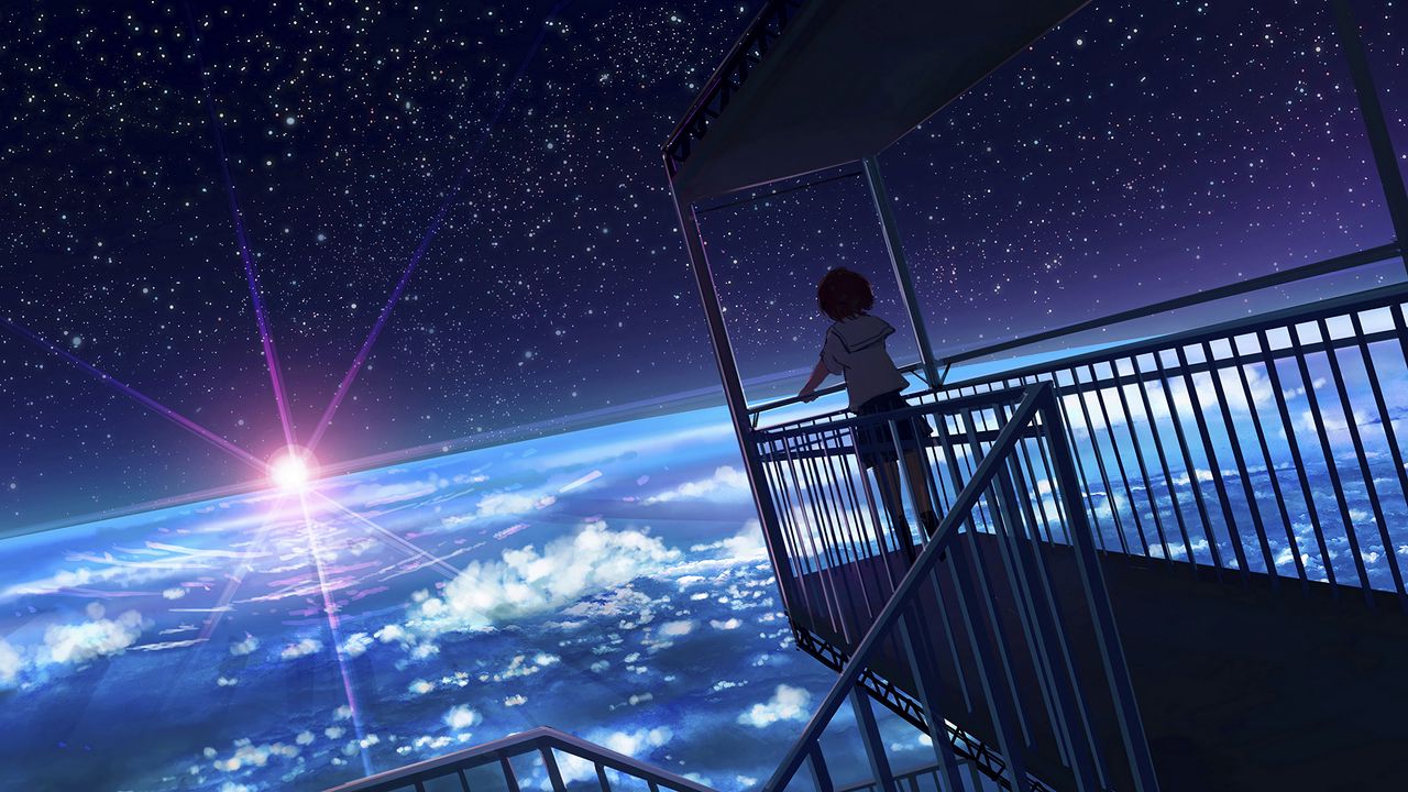 Wallpaper girl, form, view, earth, space, anime