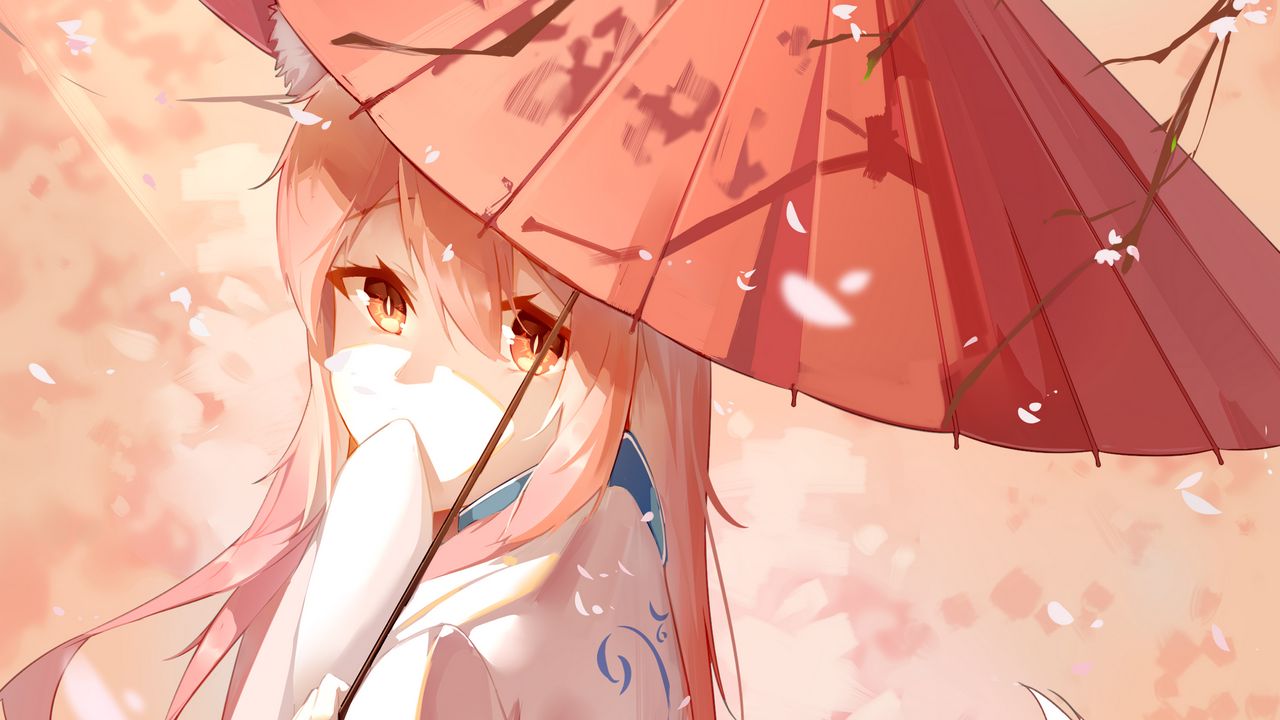 Wallpaper girl, fox, ears, umbrella, anime, art, cartoon