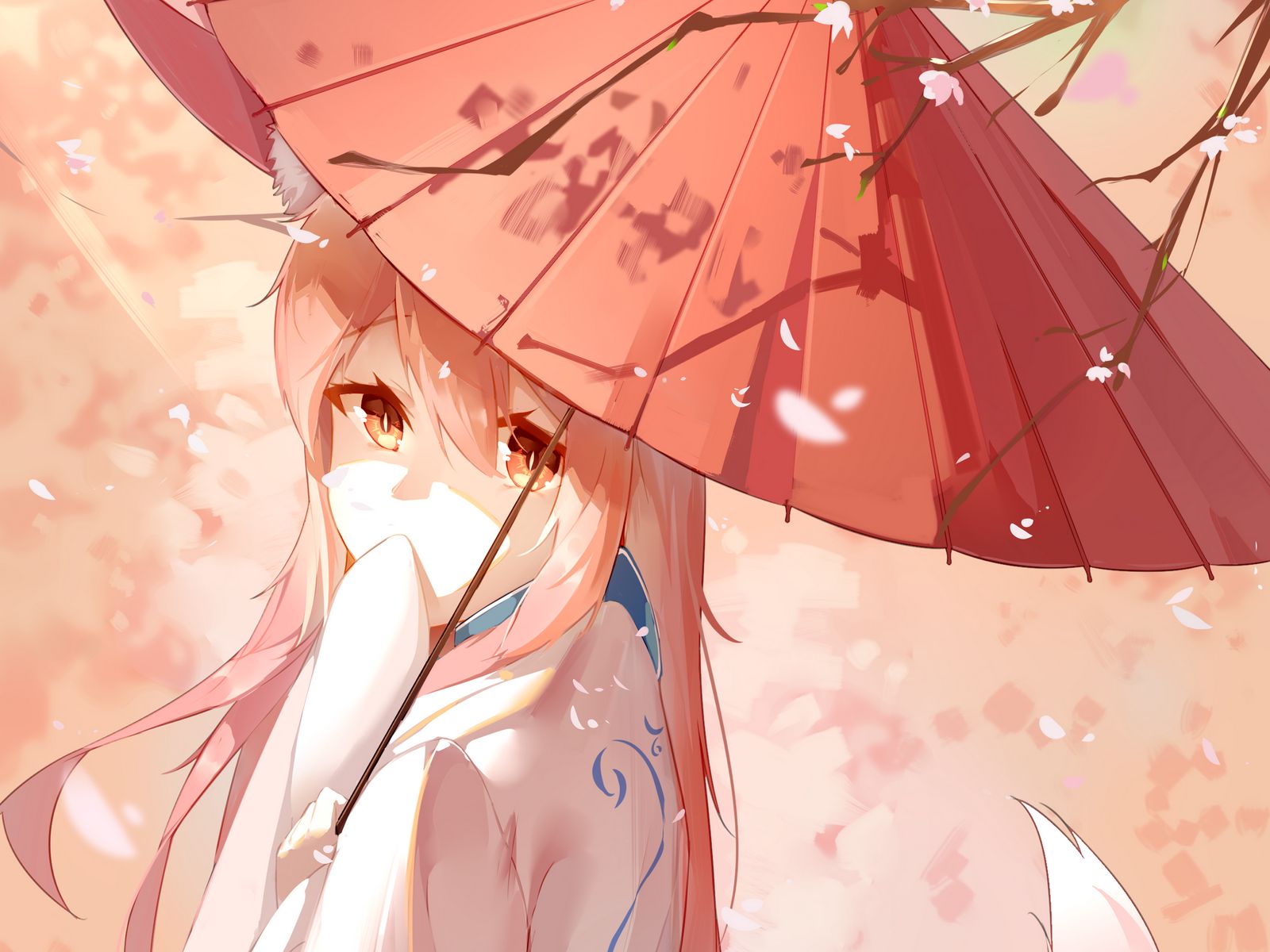 Download wallpaper 1600x1200 girl, fox, ears, umbrella, anime, art