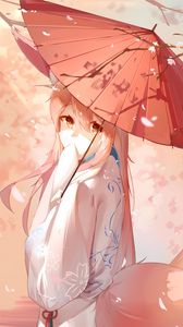 Preview wallpaper girl, fox, ears, umbrella, anime, art, cartoon