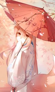 Preview wallpaper girl, fox, ears, umbrella, anime, art, cartoon