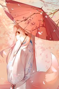 Preview wallpaper girl, fox, ears, umbrella, anime, art, cartoon