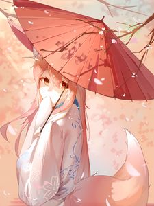 Preview wallpaper girl, fox, ears, umbrella, anime, art, cartoon