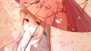 Preview wallpaper girl, fox, ears, umbrella, anime, art, cartoon