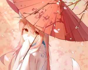 Preview wallpaper girl, fox, ears, umbrella, anime, art, cartoon