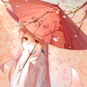 Preview wallpaper girl, fox, ears, umbrella, anime, art, cartoon