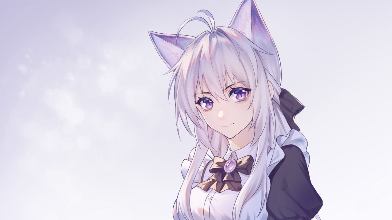 Wallpaper girl, fox, ears, maid, anime, art, purple