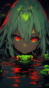 Preview wallpaper girl, frogs, swamp, anime