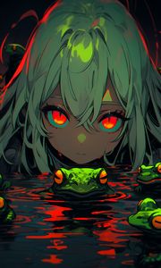 Preview wallpaper girl, frogs, swamp, anime