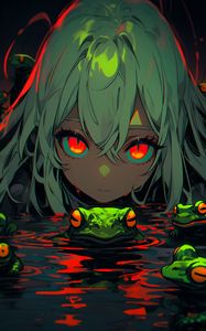 Preview wallpaper girl, frogs, swamp, anime