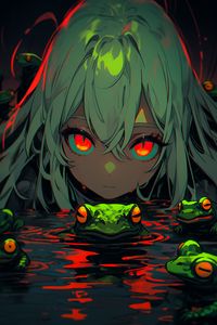 Preview wallpaper girl, frogs, swamp, anime