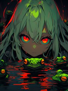 Preview wallpaper girl, frogs, swamp, anime