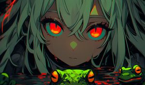 Preview wallpaper girl, frogs, swamp, anime