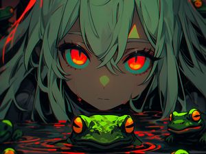 Preview wallpaper girl, frogs, swamp, anime