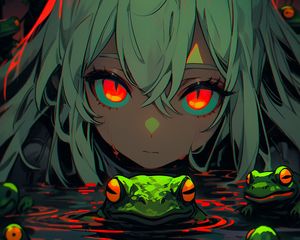 Preview wallpaper girl, frogs, swamp, anime