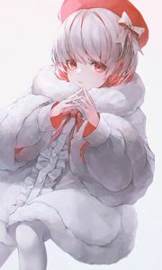 Preview wallpaper girl, fur coat, gesture, glance, anime