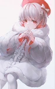 Preview wallpaper girl, fur coat, gesture, glance, anime