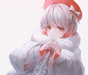 Preview wallpaper girl, fur coat, gesture, glance, anime