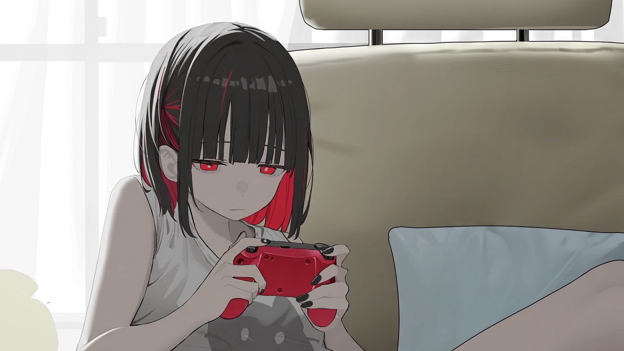 Wallpaper girl, gamepad, gamer, sofa, art, anime