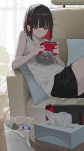 Preview wallpaper girl, gamepad, gamer, sofa, art, anime