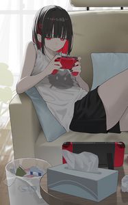 Preview wallpaper girl, gamepad, gamer, sofa, art, anime