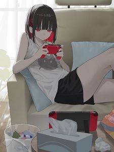 Preview wallpaper girl, gamepad, gamer, sofa, art, anime