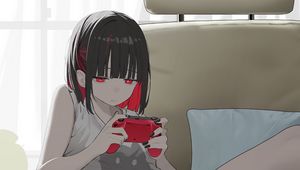 Preview wallpaper girl, gamepad, gamer, sofa, art, anime