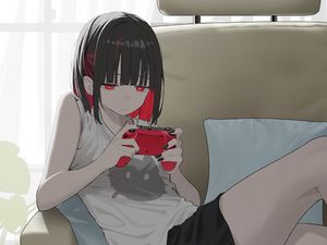 Preview wallpaper girl, gamepad, gamer, sofa, art, anime