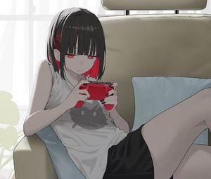 Preview wallpaper girl, gamepad, gamer, sofa, art, anime