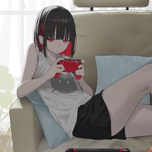 Preview wallpaper girl, gamepad, gamer, sofa, art, anime