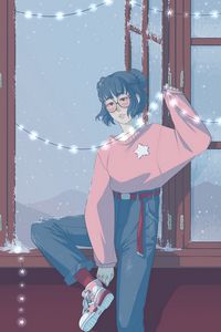 Preview wallpaper girl, garland, window, snow, art