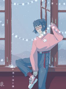 Preview wallpaper girl, garland, window, snow, art