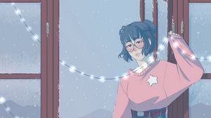 Preview wallpaper girl, garland, window, snow, art