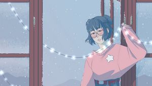 Preview wallpaper girl, garland, window, snow, art