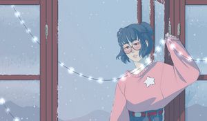 Preview wallpaper girl, garland, window, snow, art