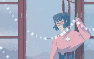 Preview wallpaper girl, garland, window, snow, art