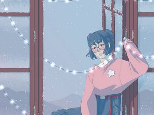 Preview wallpaper girl, garland, window, snow, art