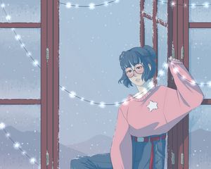 Preview wallpaper girl, garland, window, snow, art