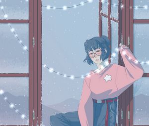 Preview wallpaper girl, garland, window, snow, art