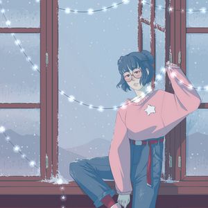 Preview wallpaper girl, garland, window, snow, art